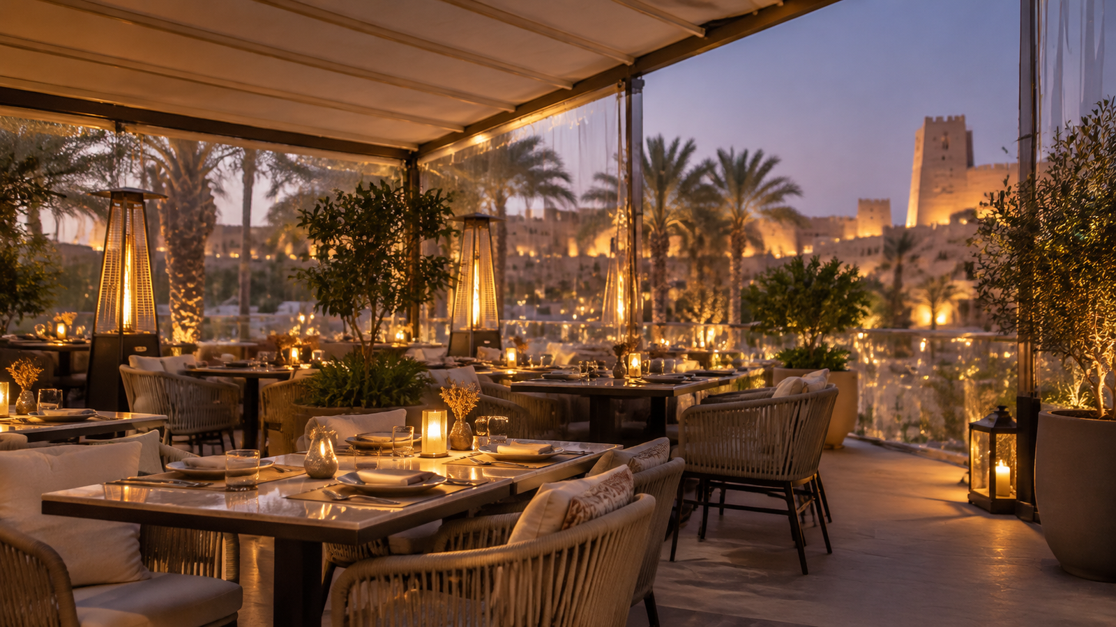 Protecting outdoor seating in restaurants with an awning and clear side curtains