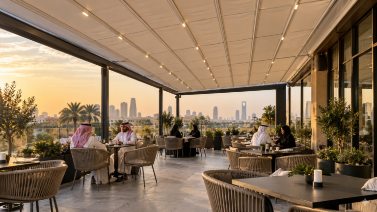 Electric PVC awnings extended over a café outdoor terrace