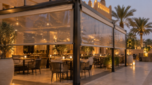 Zipper curtains for restaurants enclosing an outdoor seating area