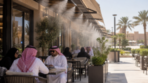 Misting system for restaurants cooling an outdoor seating area