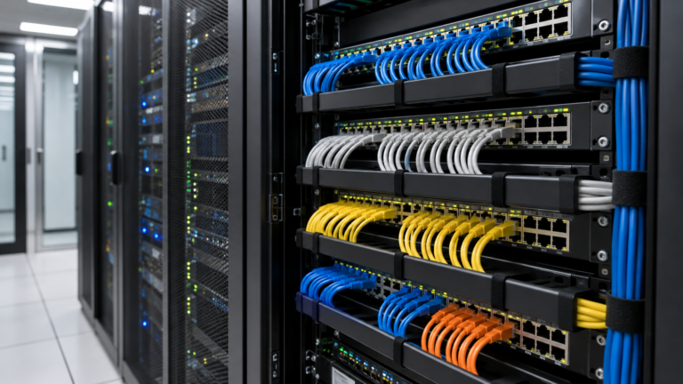 Network infrastructure design with organized cabling in a server room
